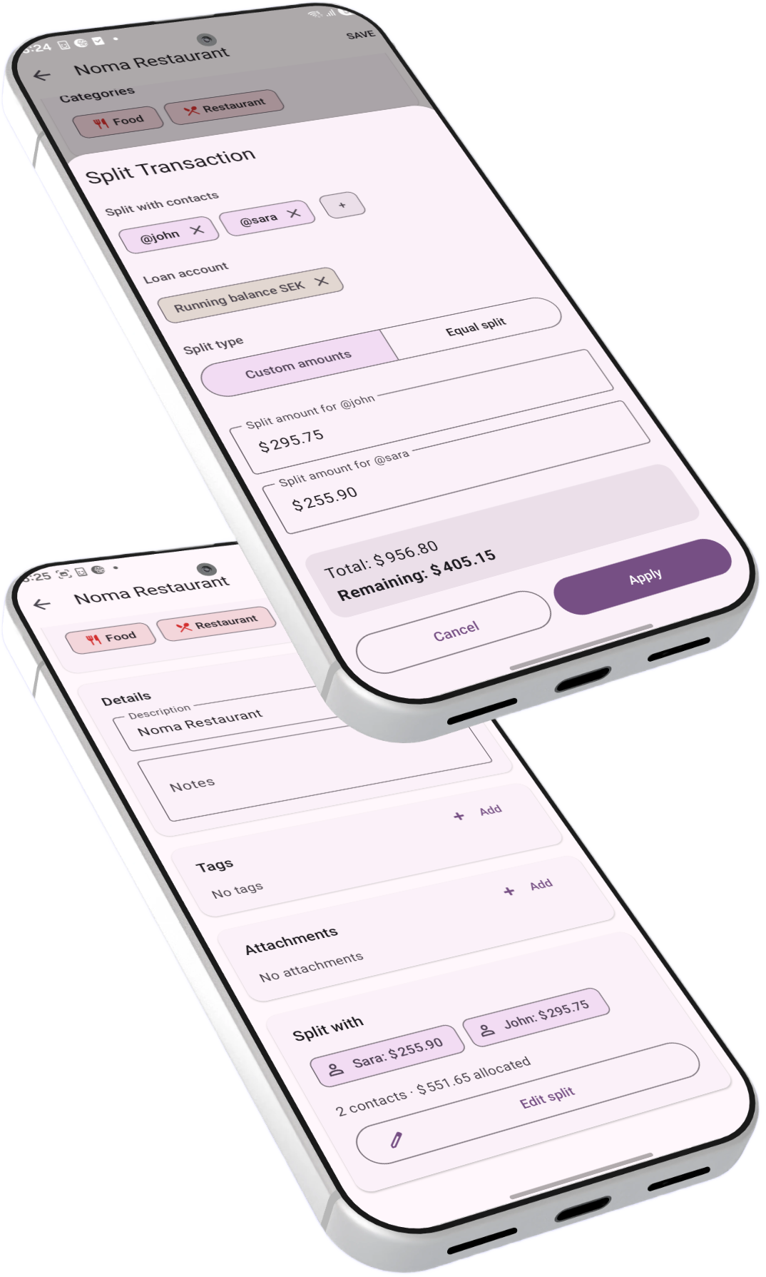 Split transaction screen in BudgetViz
