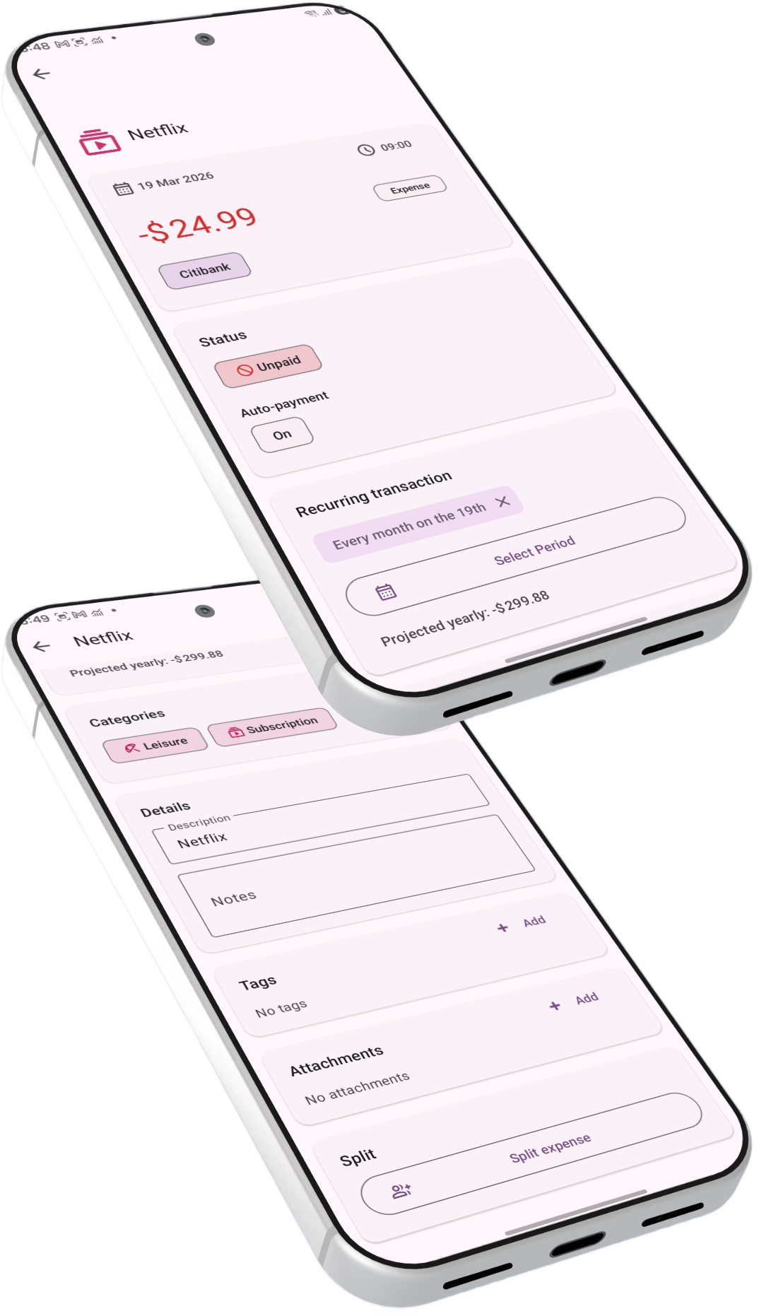 Transaction detail screen in BudgetViz